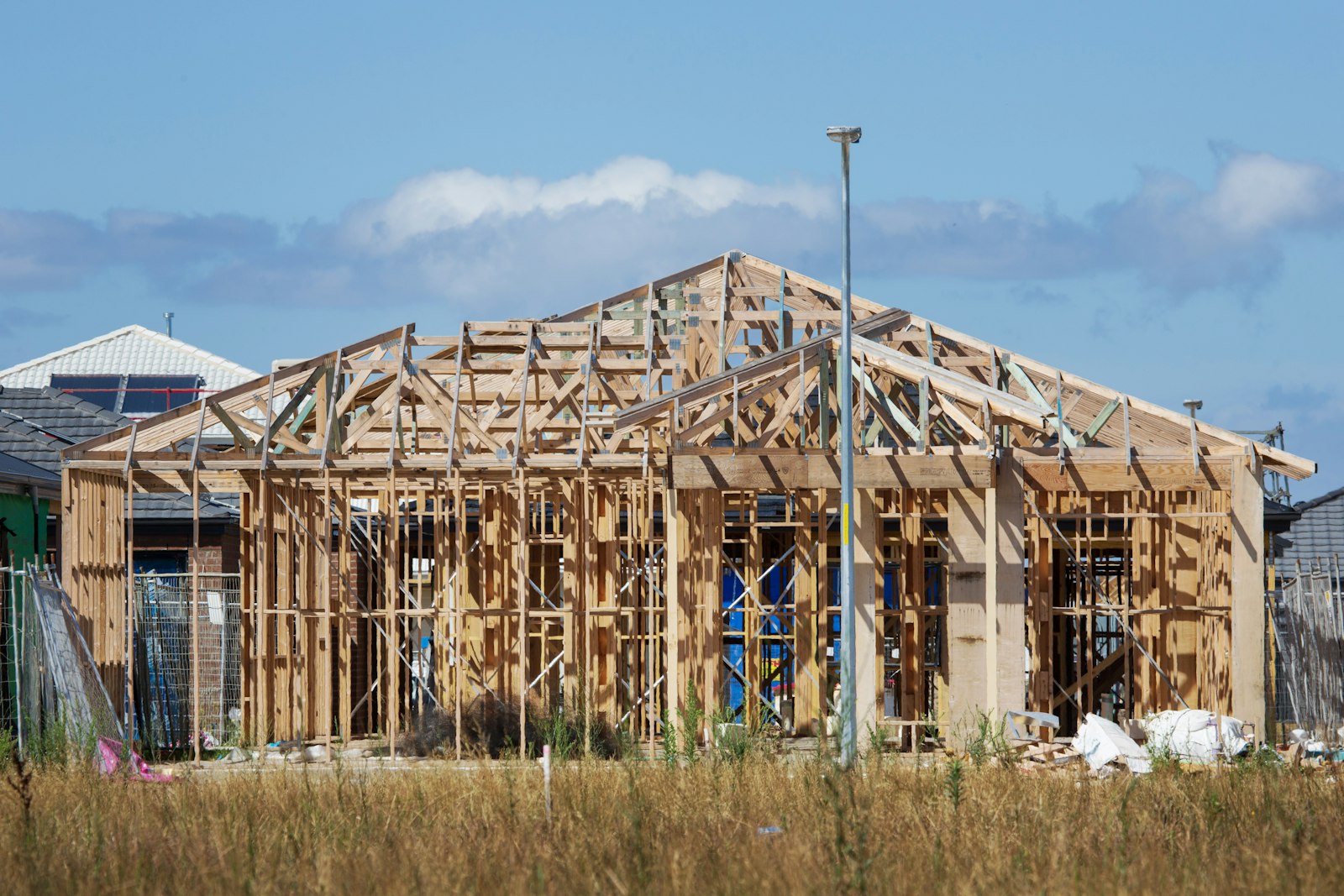 Timber roof framing on a new residential build planned for complete roof installation