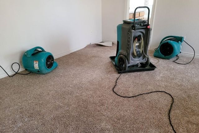 Two green air movers and a wheeled dehumidifier on carpet in an indoor room
